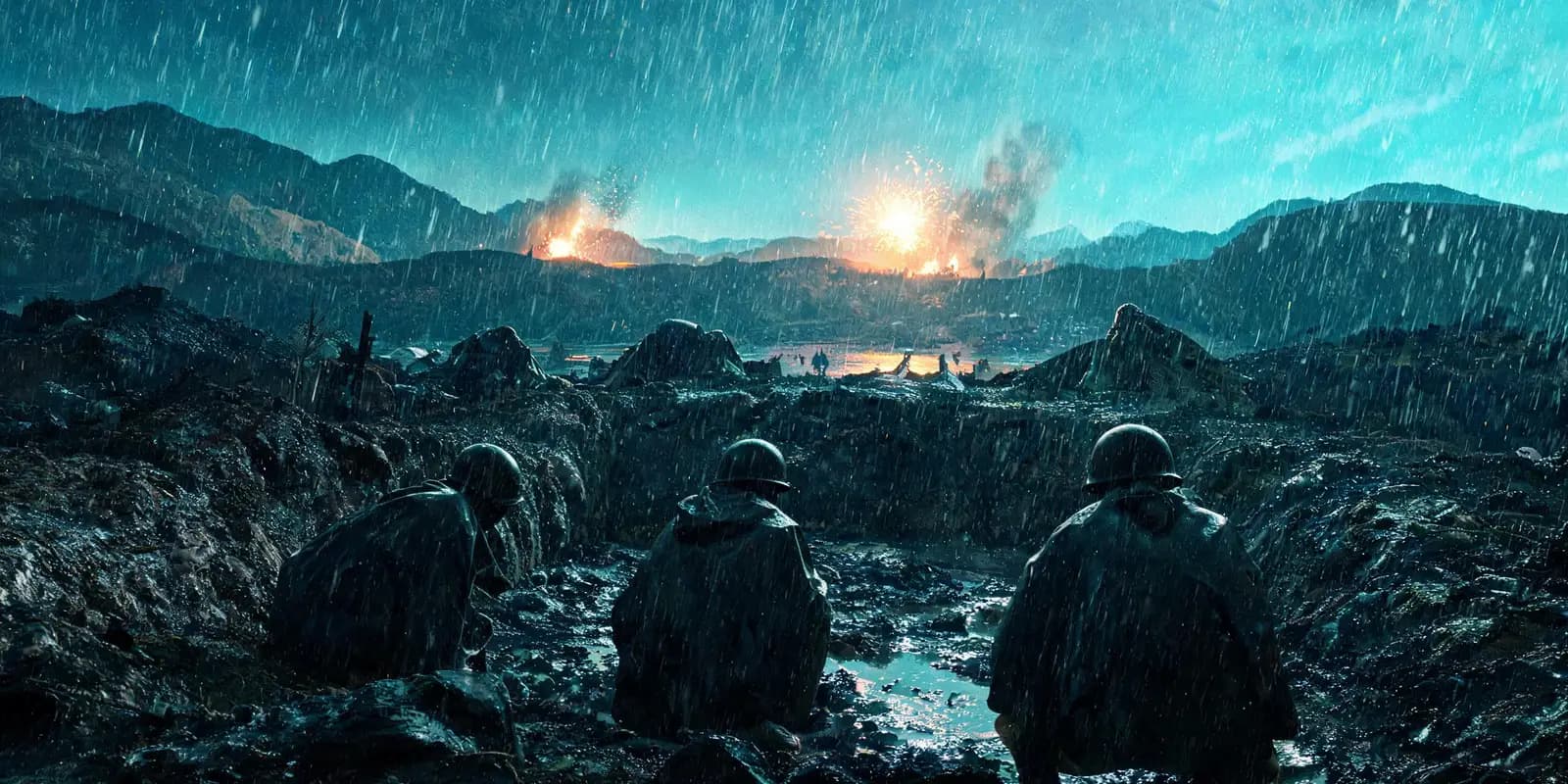 Rain-soaked soldiers in a trench under artillery fire