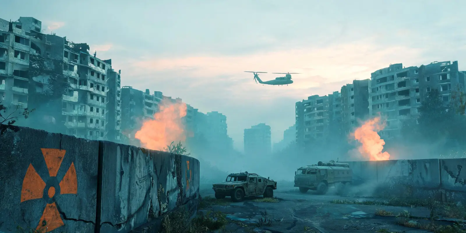 Fog-covered exclusion zone with abandoned buildings, vehicles and a helicopter