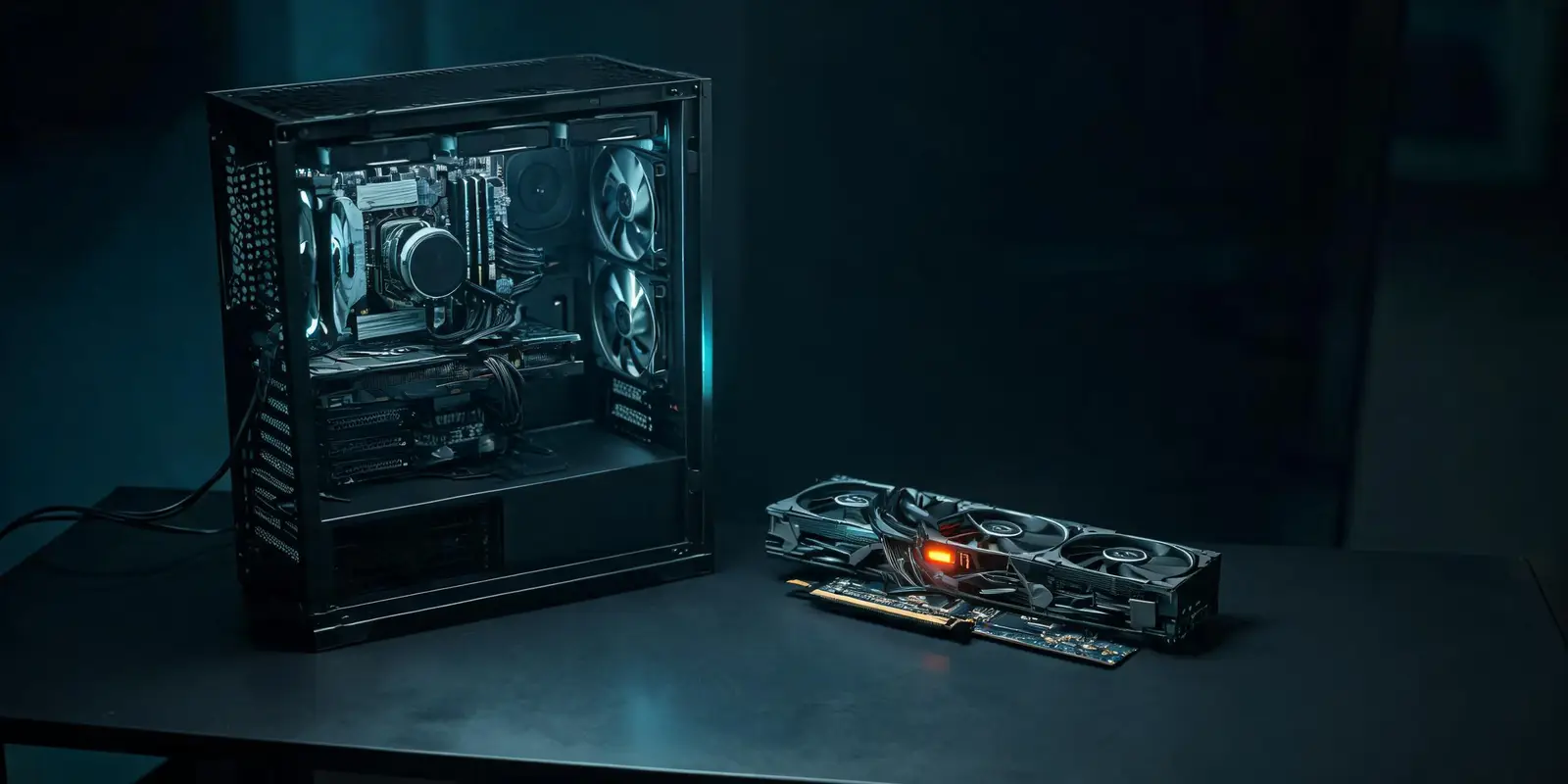 Dark workbench with a gaming PC and graphics card