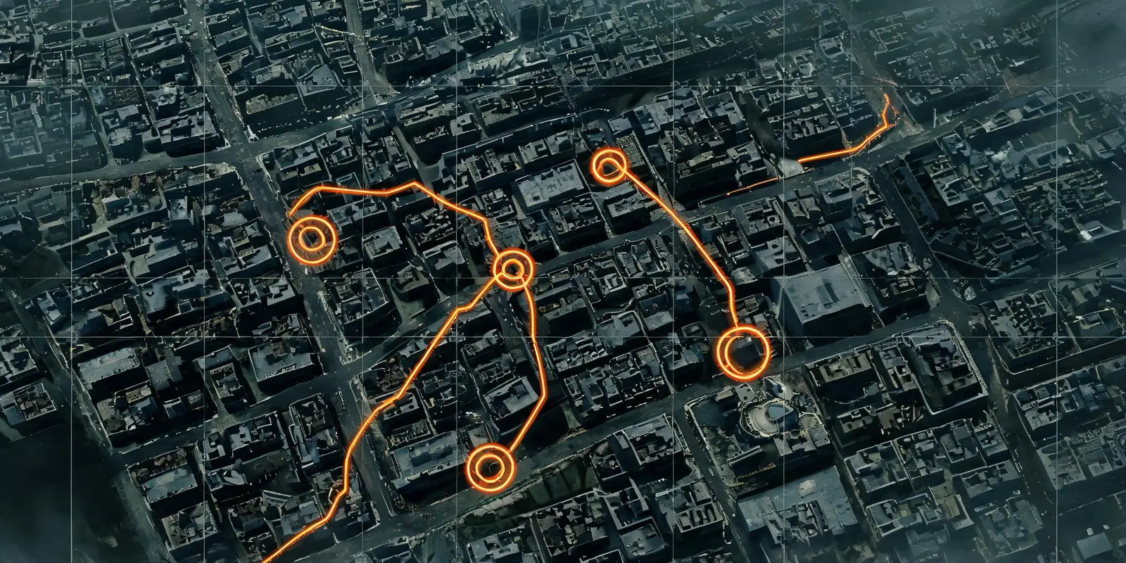 Top-down night map of an urban district with orange capture routes